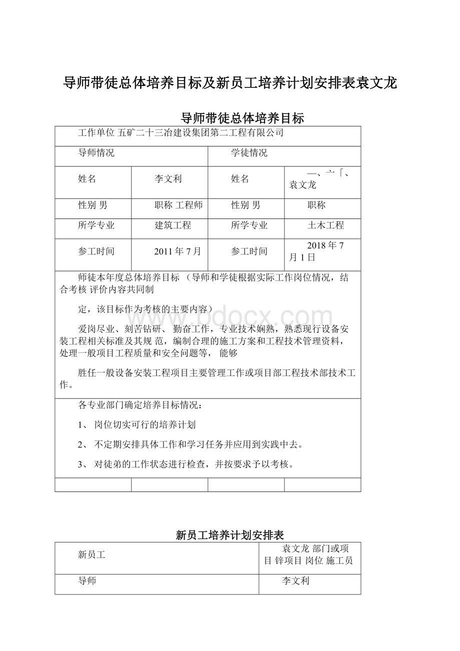 导师带徒总体培养目标及新员工培养计划安排表袁文龙Word格式文档下载.docx