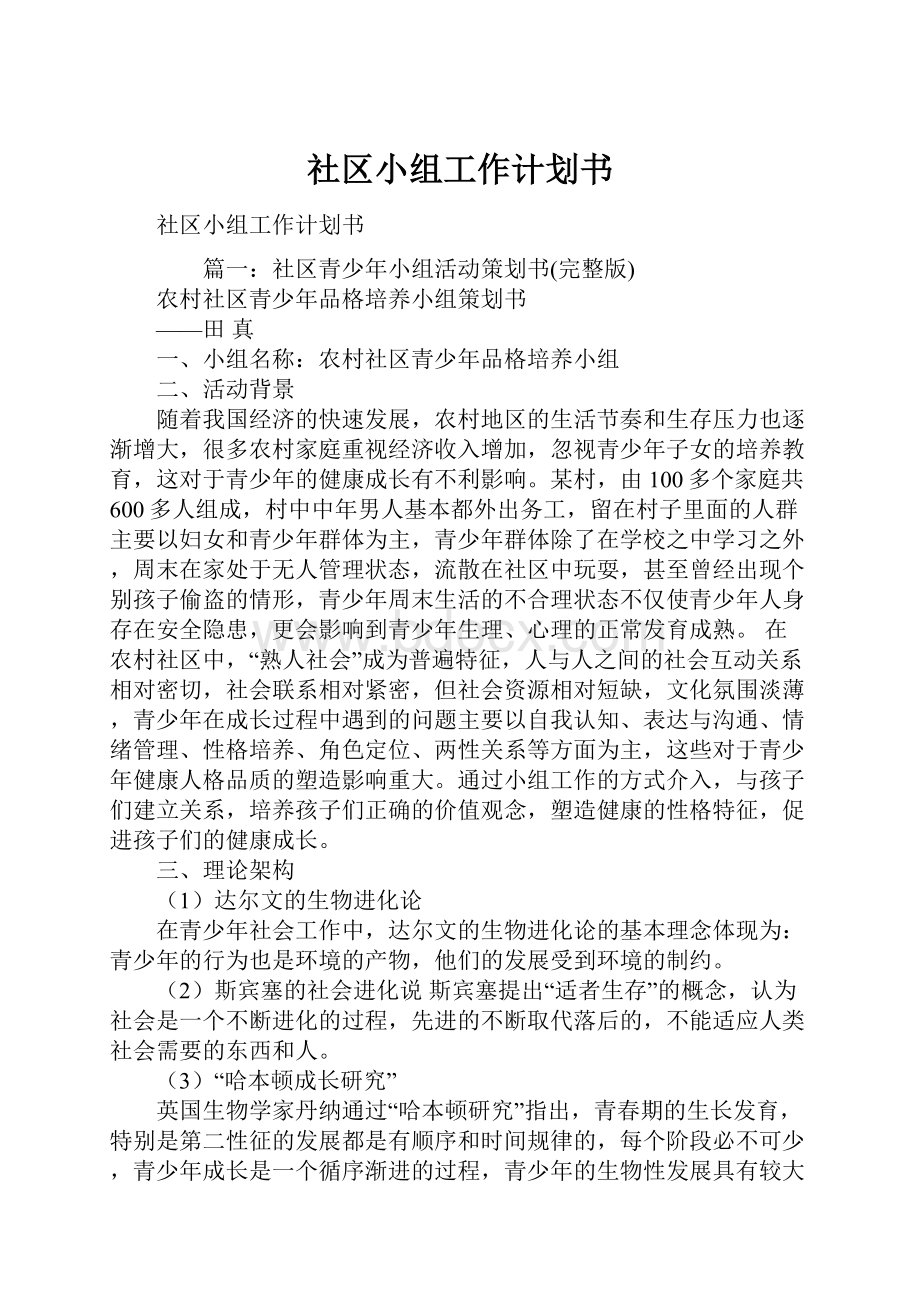 社区小组工作计划书Word下载.docx_第1页