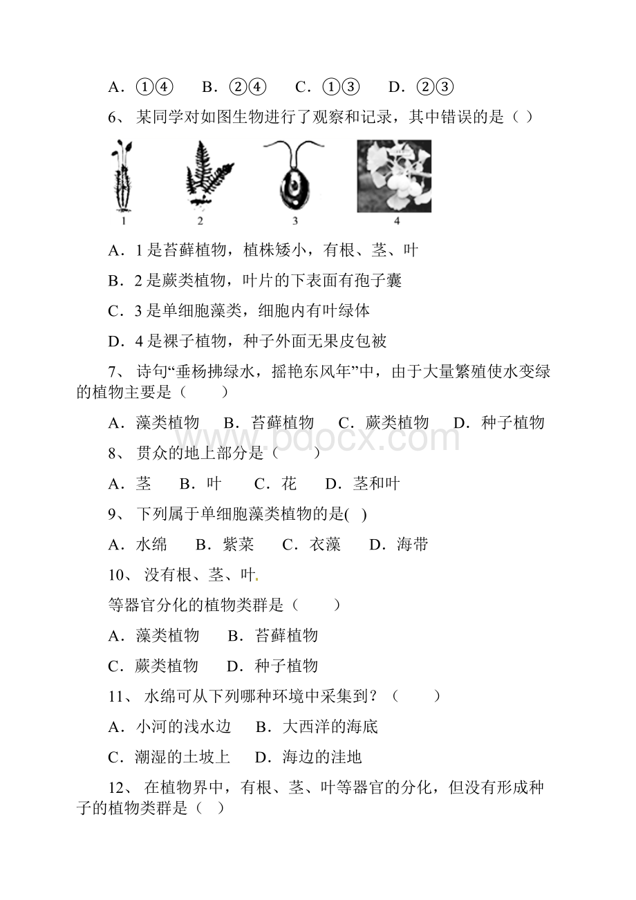 初中生物苔藓和蕨类植物题专题练习含答案.docx_第2页