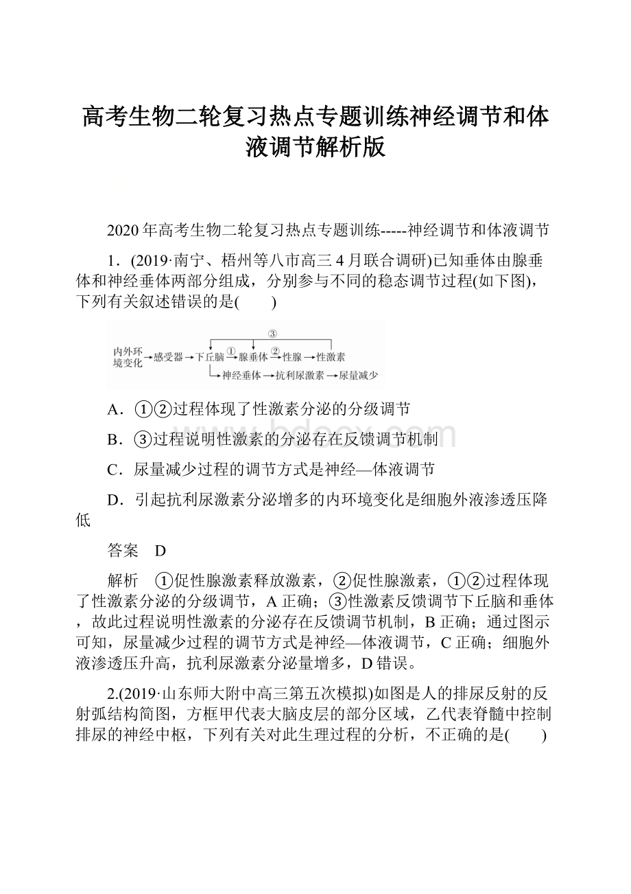 高考生物二轮复习热点专题训练神经调节和体液调节解析版.docx_第1页