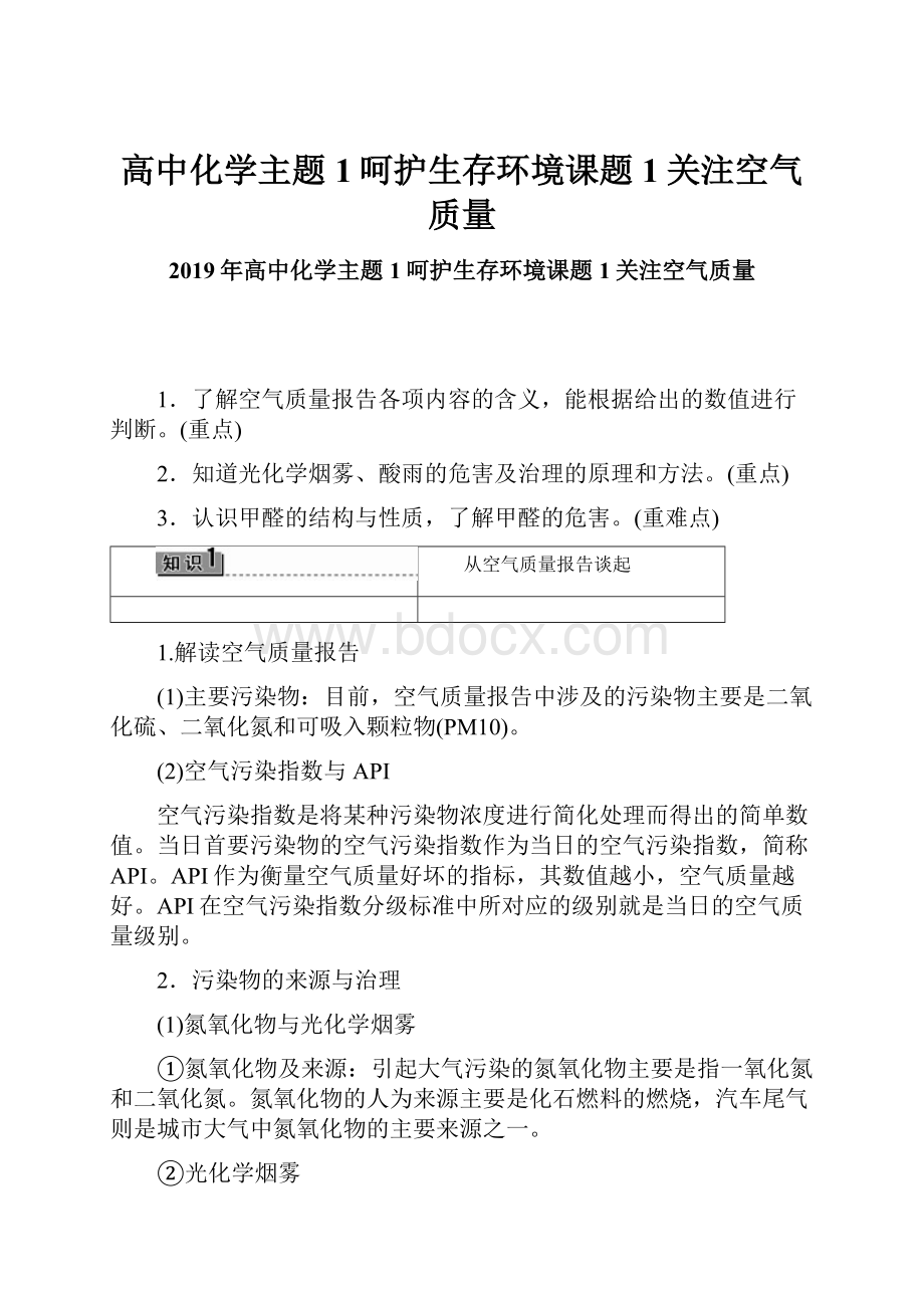 高中化学主题1呵护生存环境课题1关注空气质量.docx_第1页