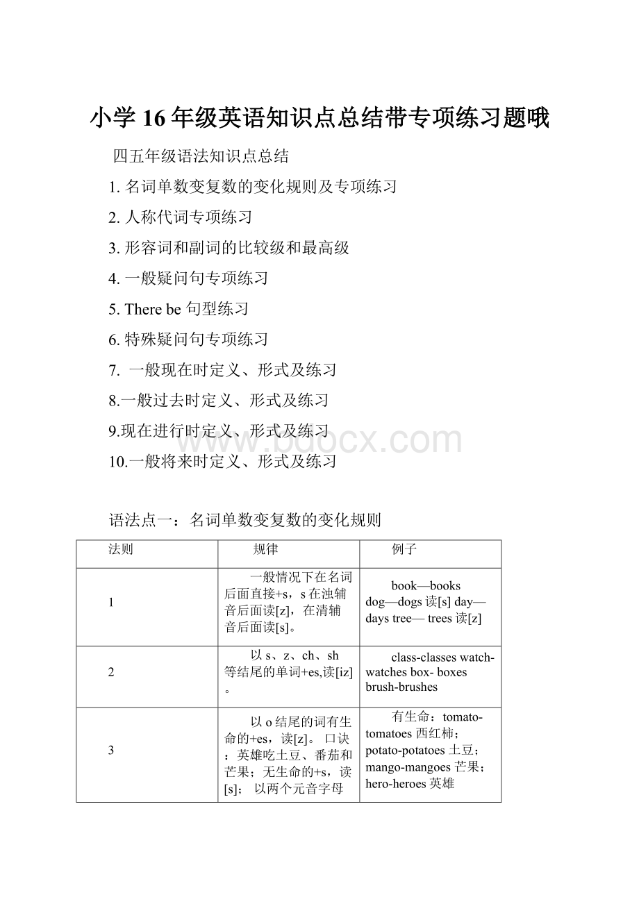 小学16年级英语知识点总结带专项练习题哦Word格式.docx