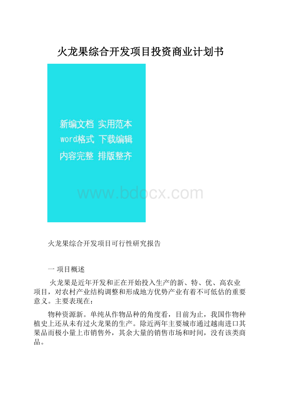 火龙果综合开发项目投资商业计划书Word下载.docx