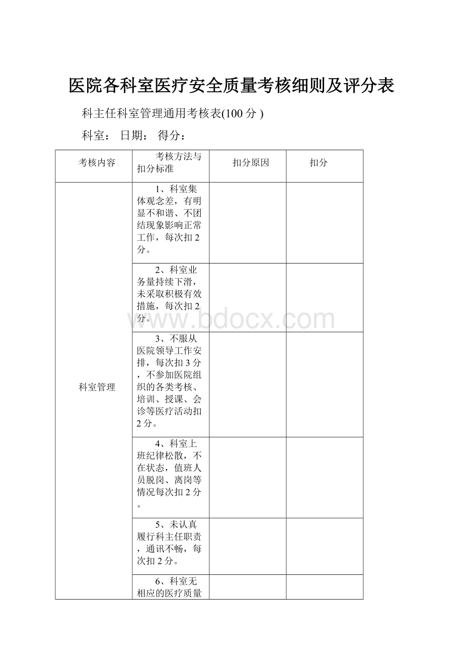 医院各科室医疗安全质量考核细则及评分表Word格式.docx_第1页