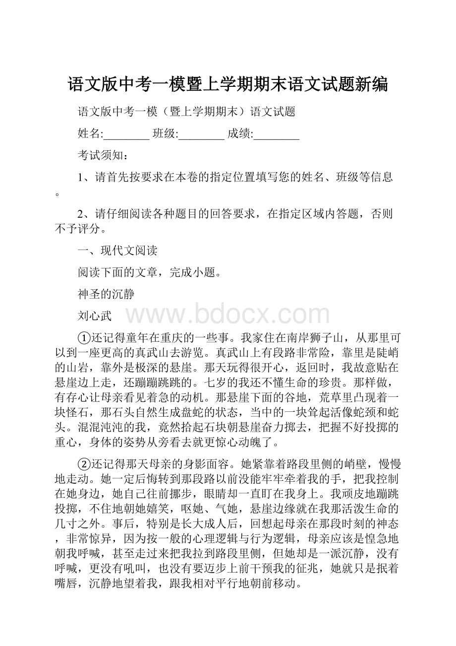 语文版中考一模暨上学期期末语文试题新编.docx