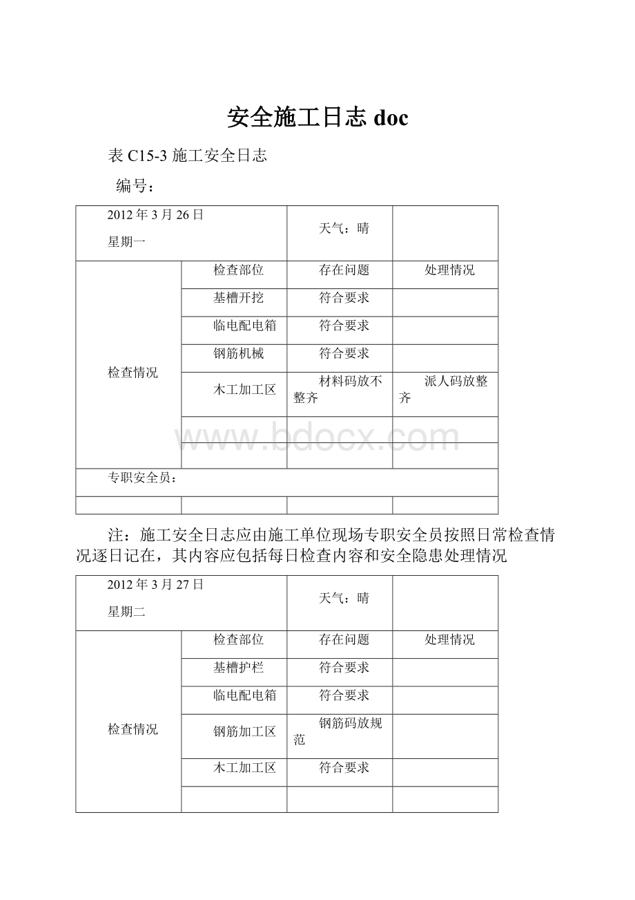 安全施工日志docWord文件下载.docx