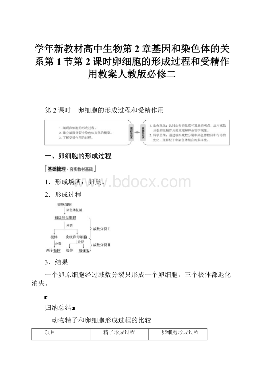 学年新教材高中生物第2章基因和染色体的关系第1节第2课时卵细胞的形成过程和受精作用教案人教版必修二.docx_第1页