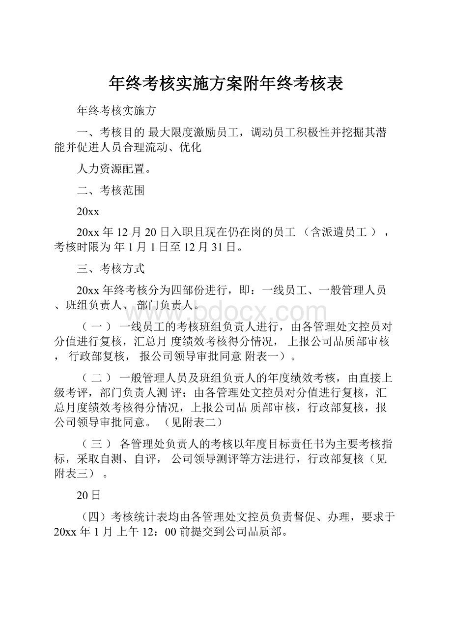 年终考核实施方案附年终考核表Word格式.docx_第1页