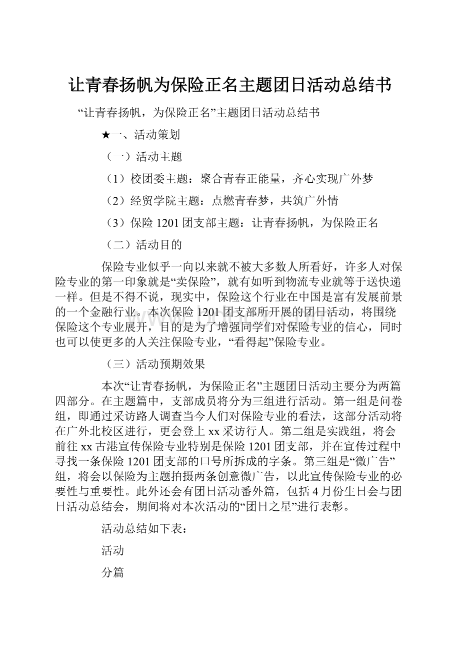 让青春扬帆为保险正名主题团日活动总结书.docx_第1页