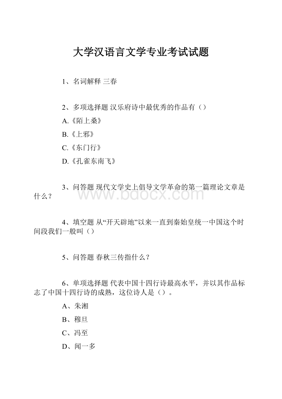 大学汉语言文学专业考试试题.docx