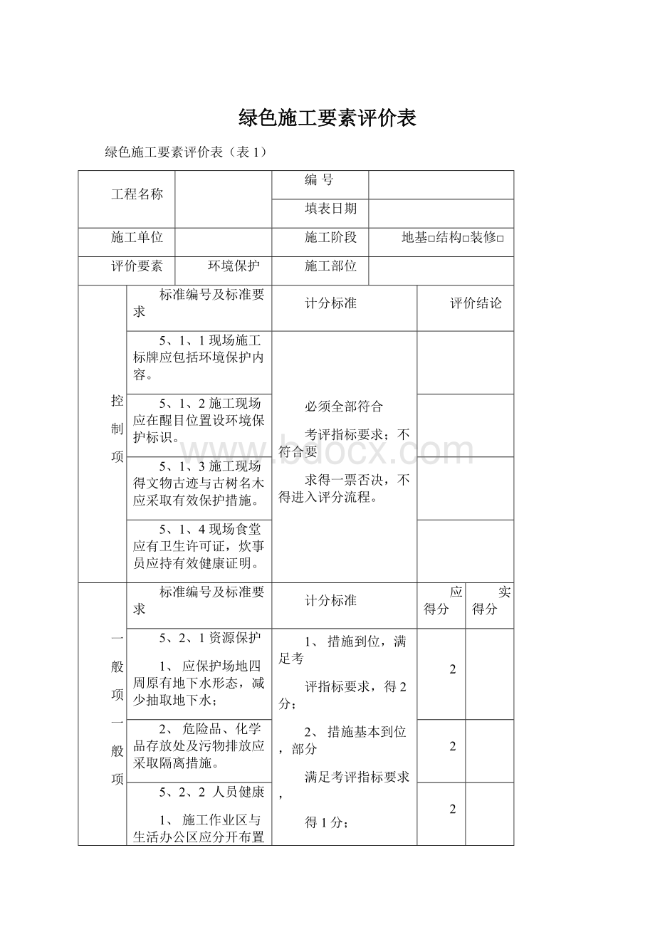 绿色施工要素评价表Word文档格式.docx_第1页