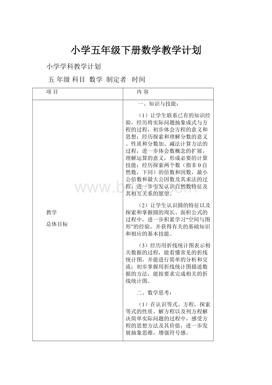 小学五年级下册数学教学计划Word格式.docx