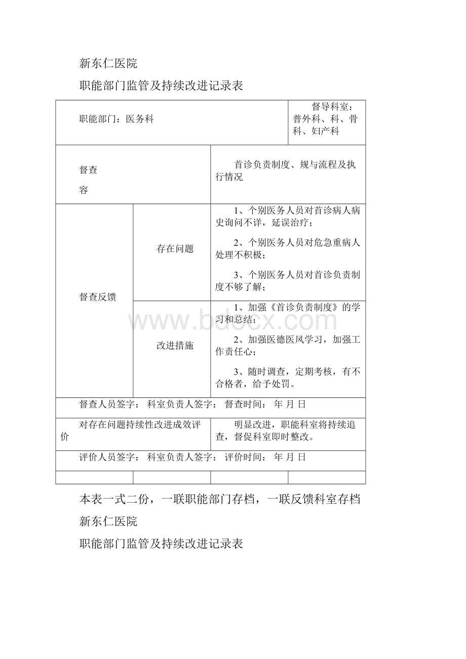 医院职能部门监管及持续改进记录簿表06372.docx_第2页