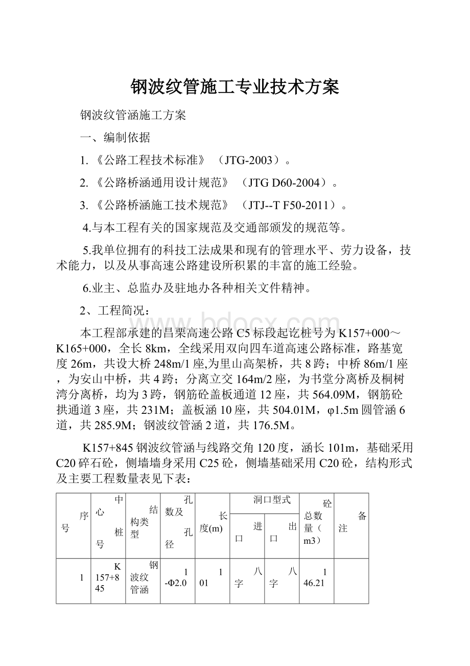 钢波纹管施工专业技术方案Word下载.docx