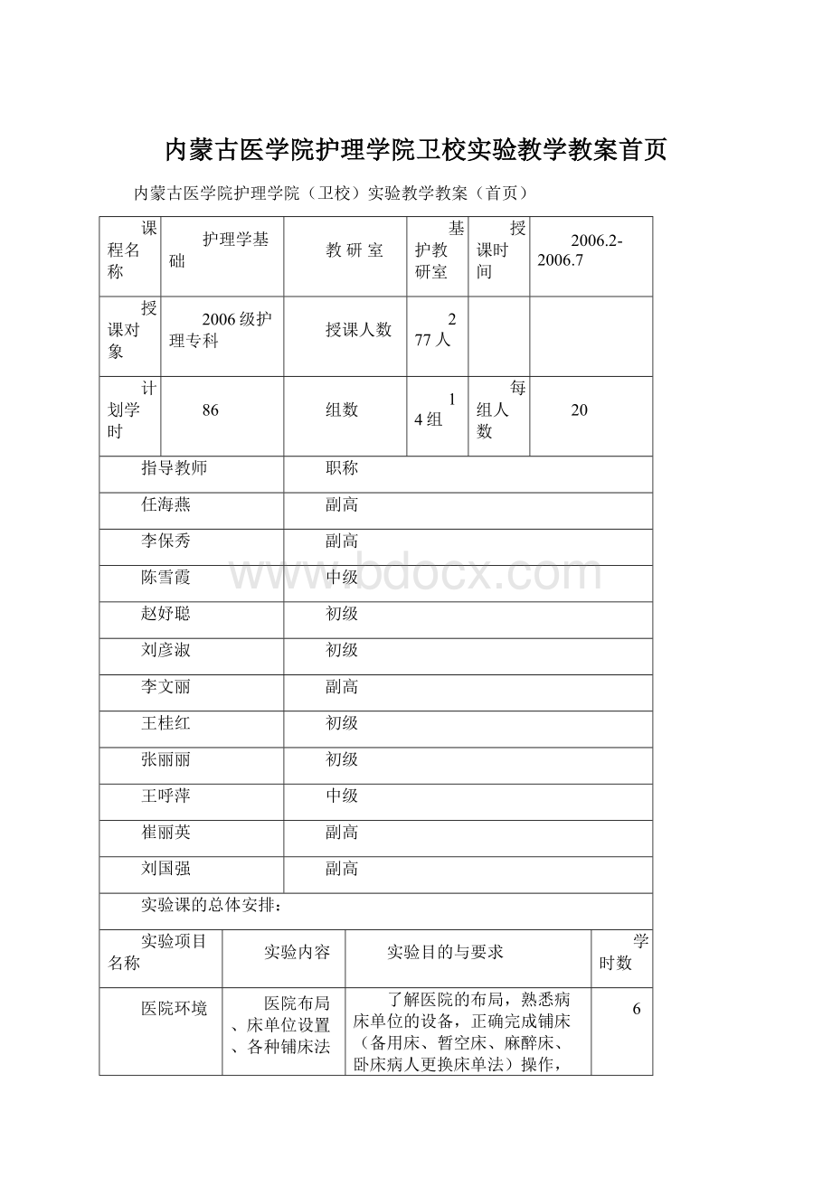 内蒙古医学院护理学院卫校实验教学教案首页Word格式.docx_第1页