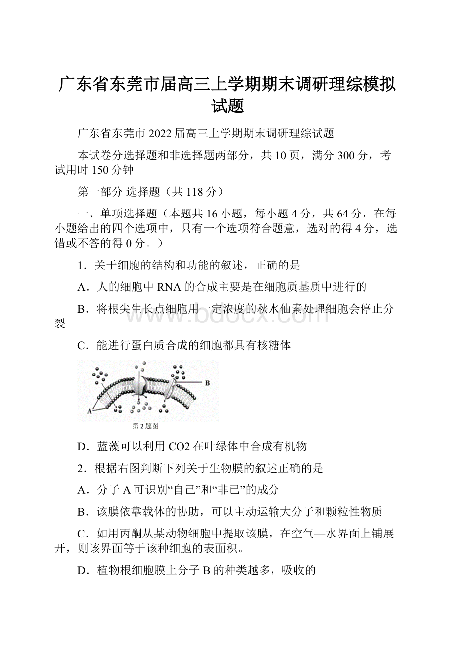 广东省东莞市届高三上学期期末调研理综模拟试题.docx