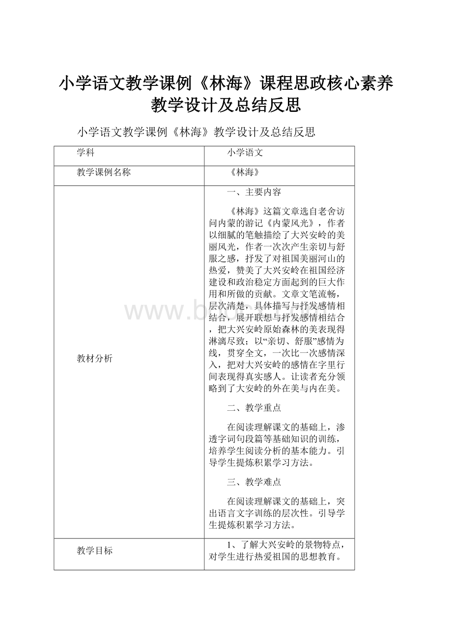 小学语文教学课例《林海》课程思政核心素养教学设计及总结反思Word文件下载.docx