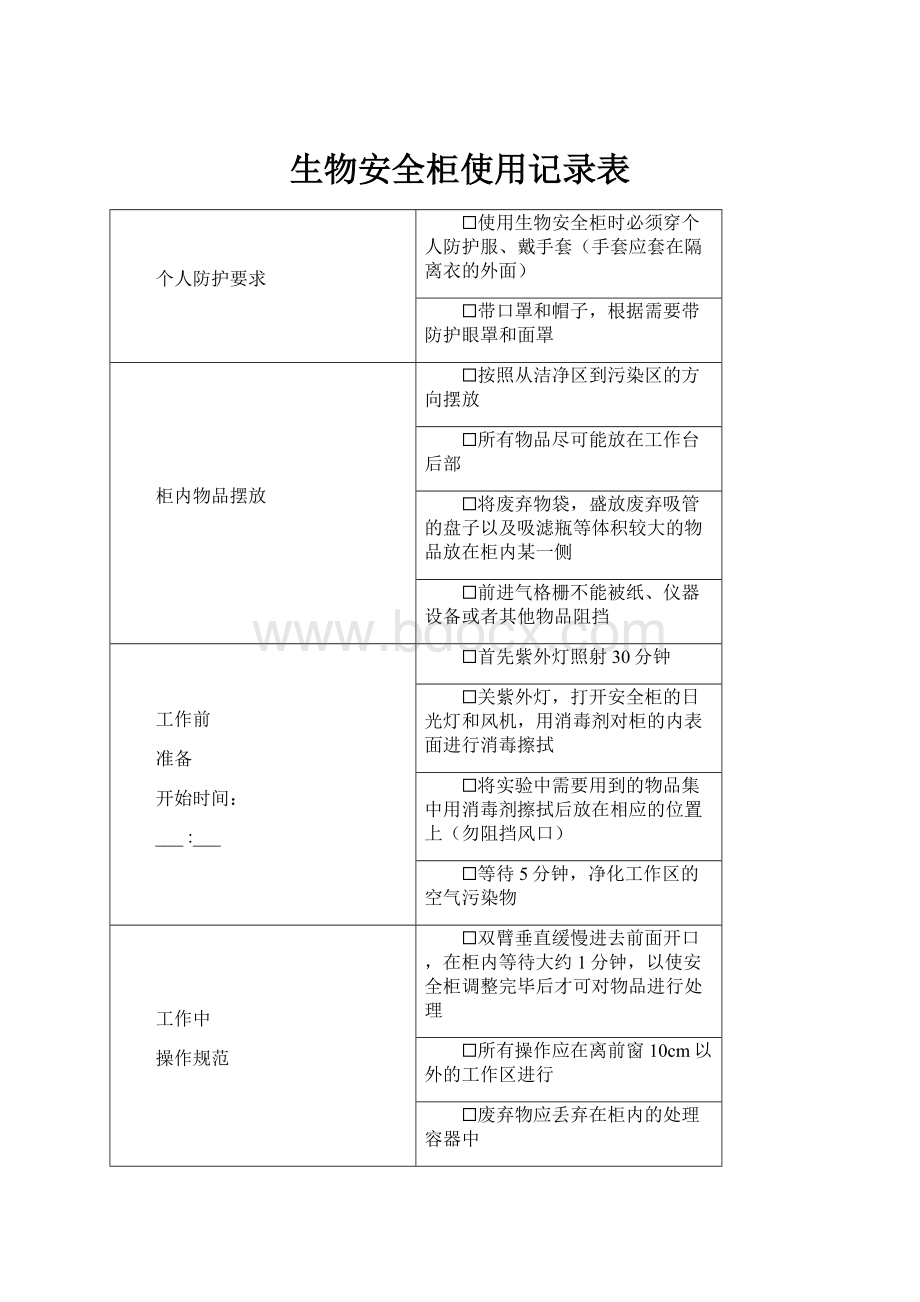 生物安全柜使用记录表Word文件下载.docx