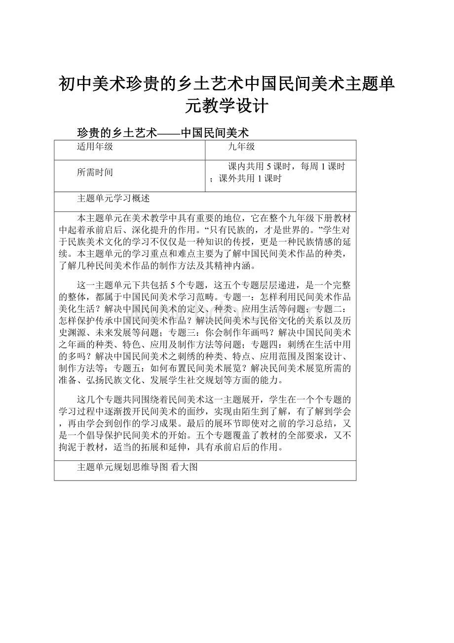 初中美术珍贵的乡土艺术中国民间美术主题单元教学设计文档格式.docx_第1页