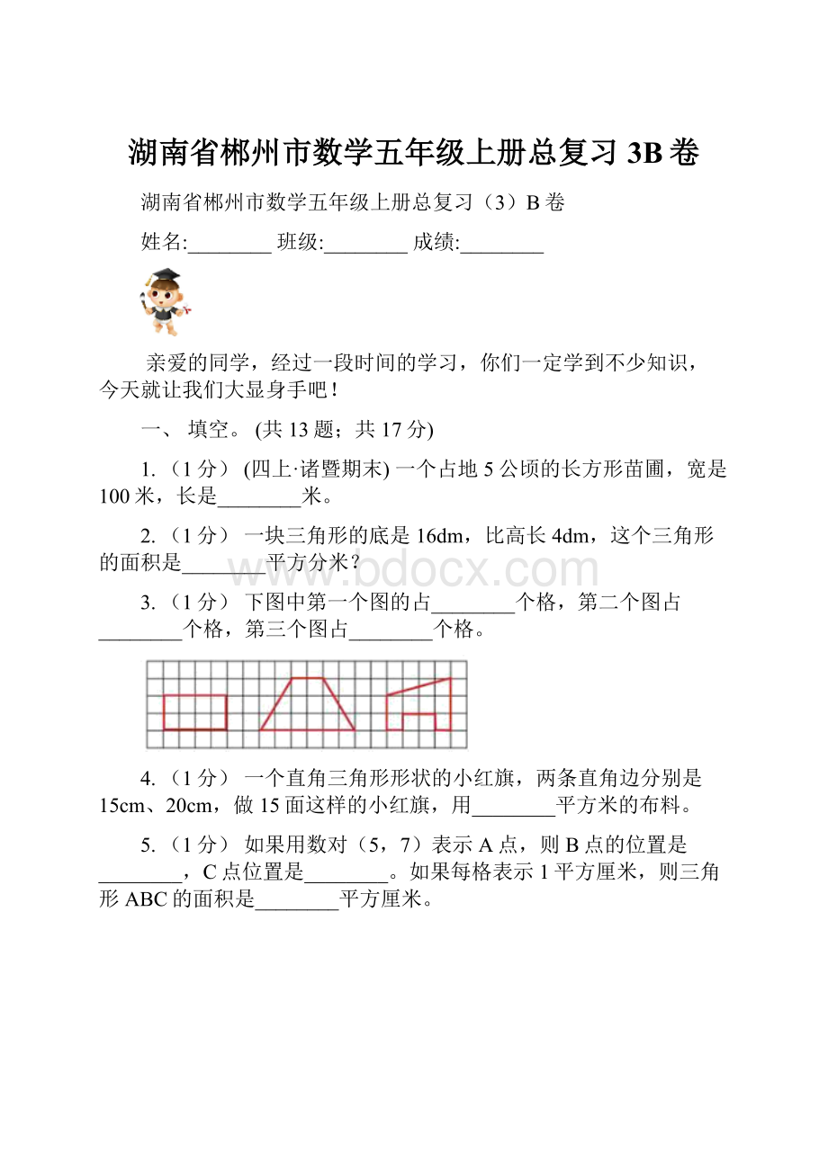 湖南省郴州市数学五年级上册总复习3B卷Word格式.docx_第1页