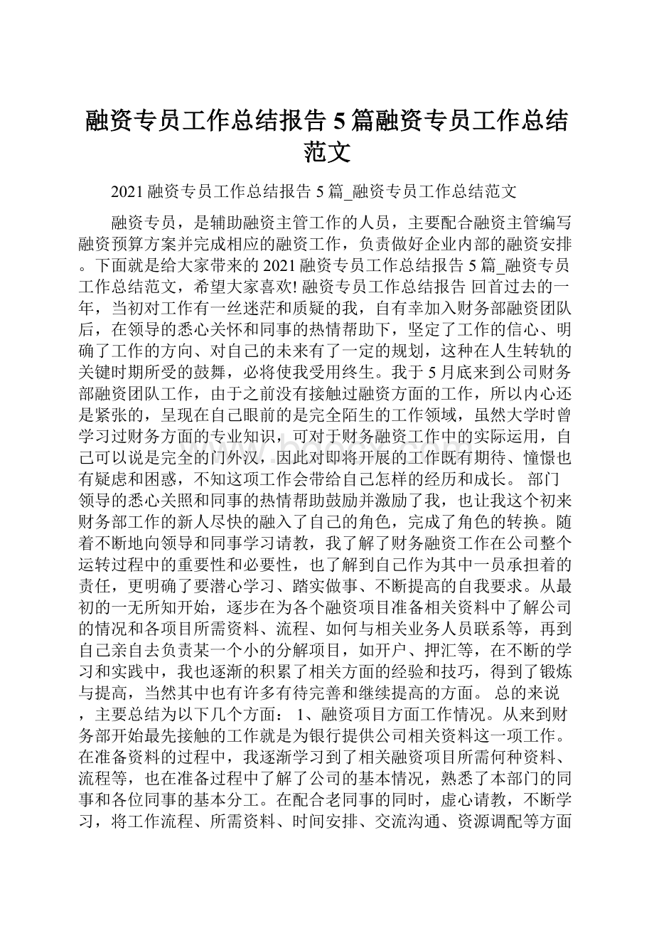 融资专员工作总结报告5篇融资专员工作总结范文Word格式文档下载.docx_第1页