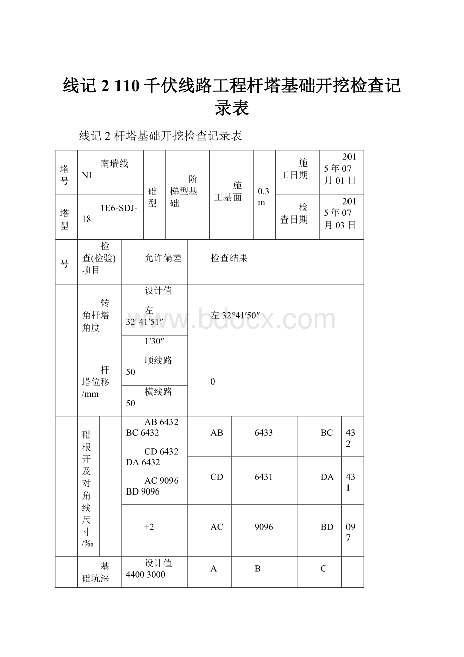 线记2110千伏线路工程杆塔基础开挖检查记录表.docx