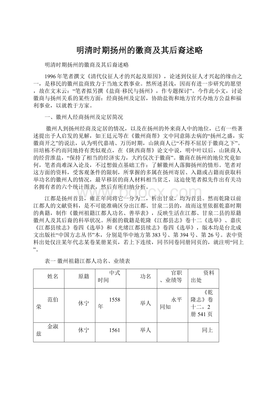 明清时期扬州的徽商及其后裔述略Word文档下载推荐.docx