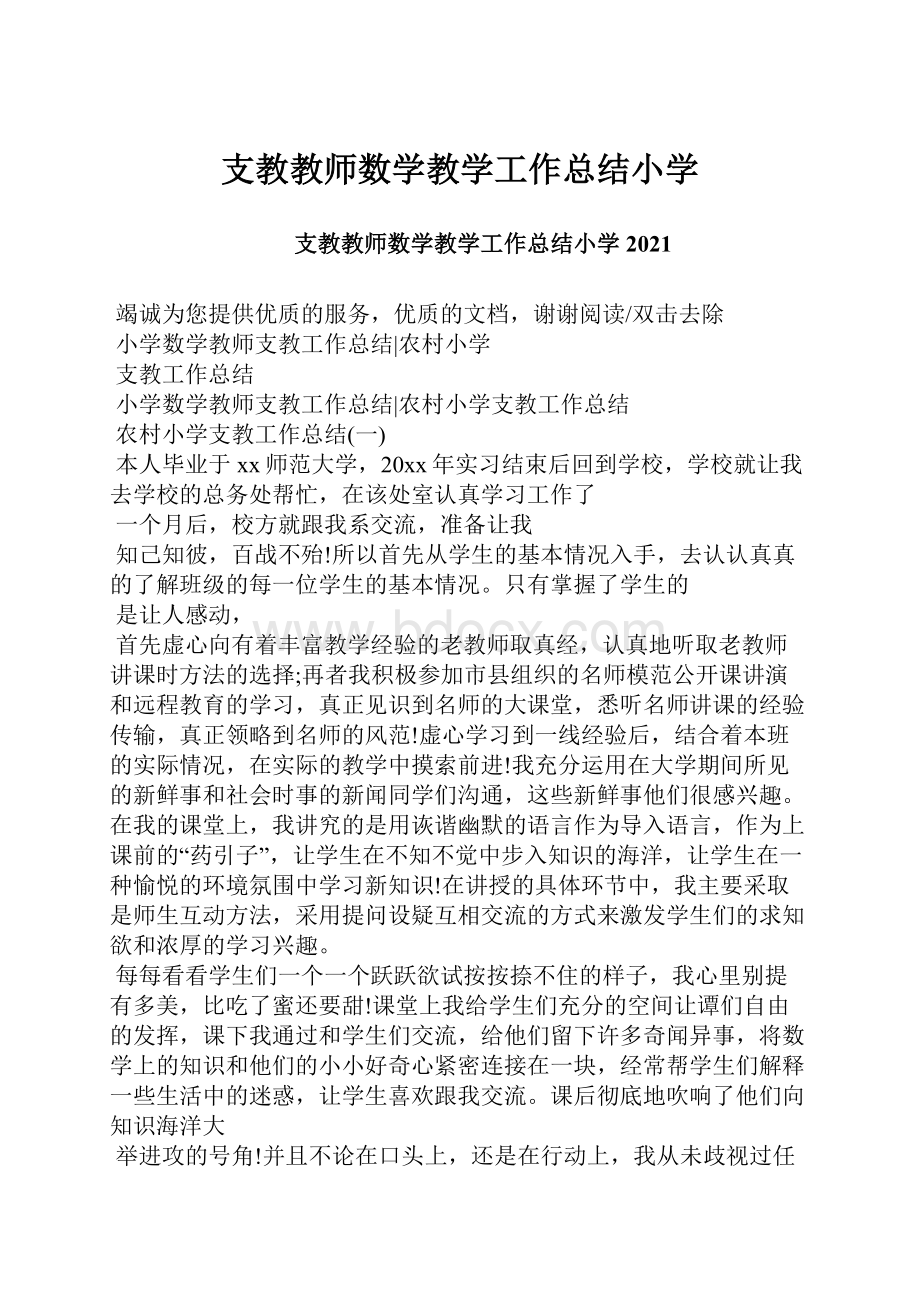 支教教师数学教学工作总结小学文档格式.docx