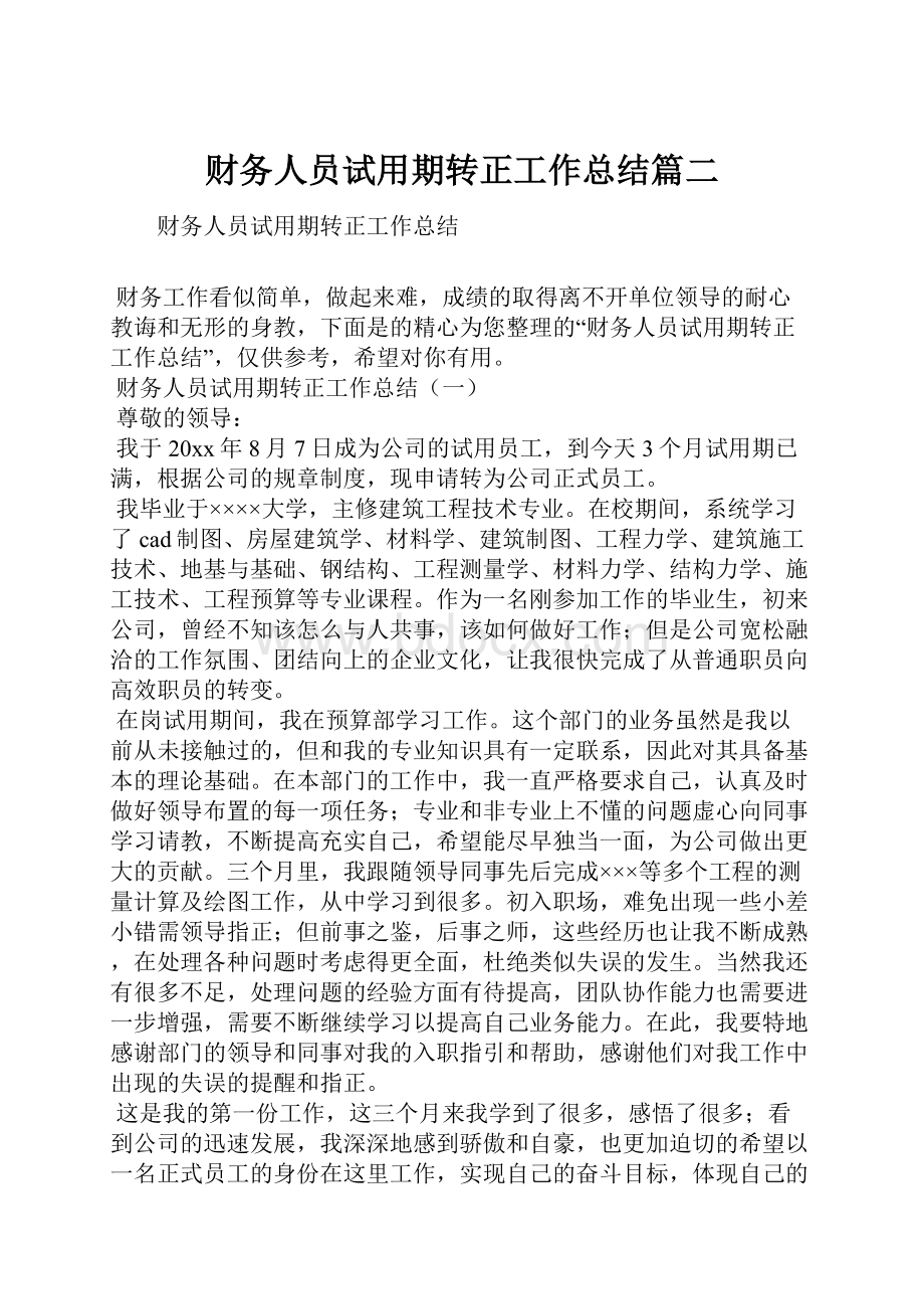 财务人员试用期转正工作总结篇二Word文档下载推荐.docx