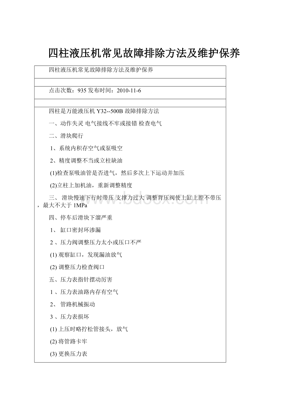 四柱液压机常见故障排除方法及维护保养Word格式.docx_第1页