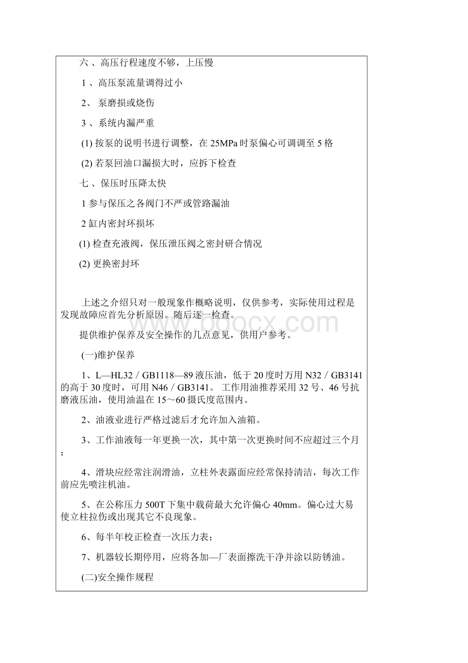 四柱液压机常见故障排除方法及维护保养Word格式.docx_第2页