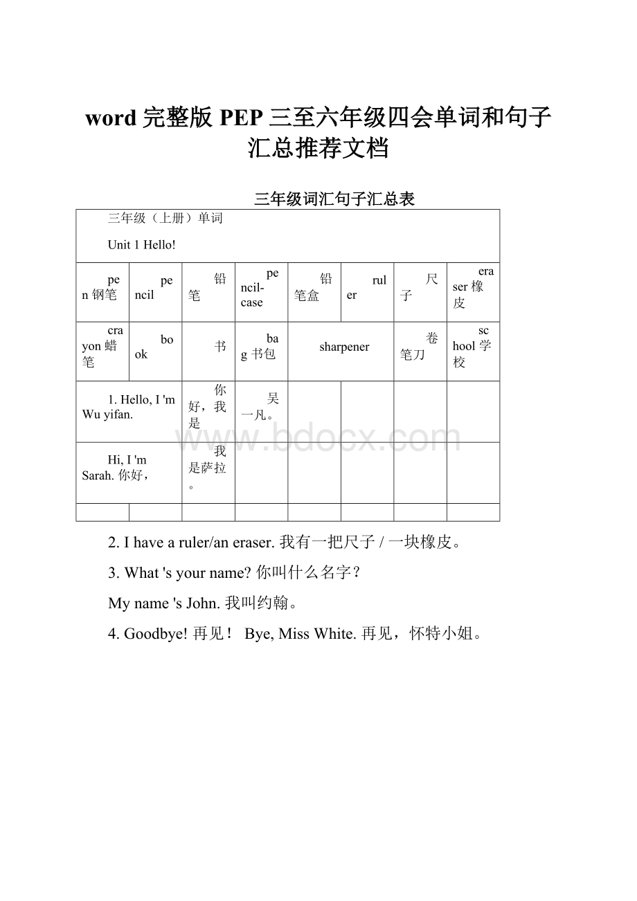 word完整版PEP三至六年级四会单词和句子汇总推荐文档.docx