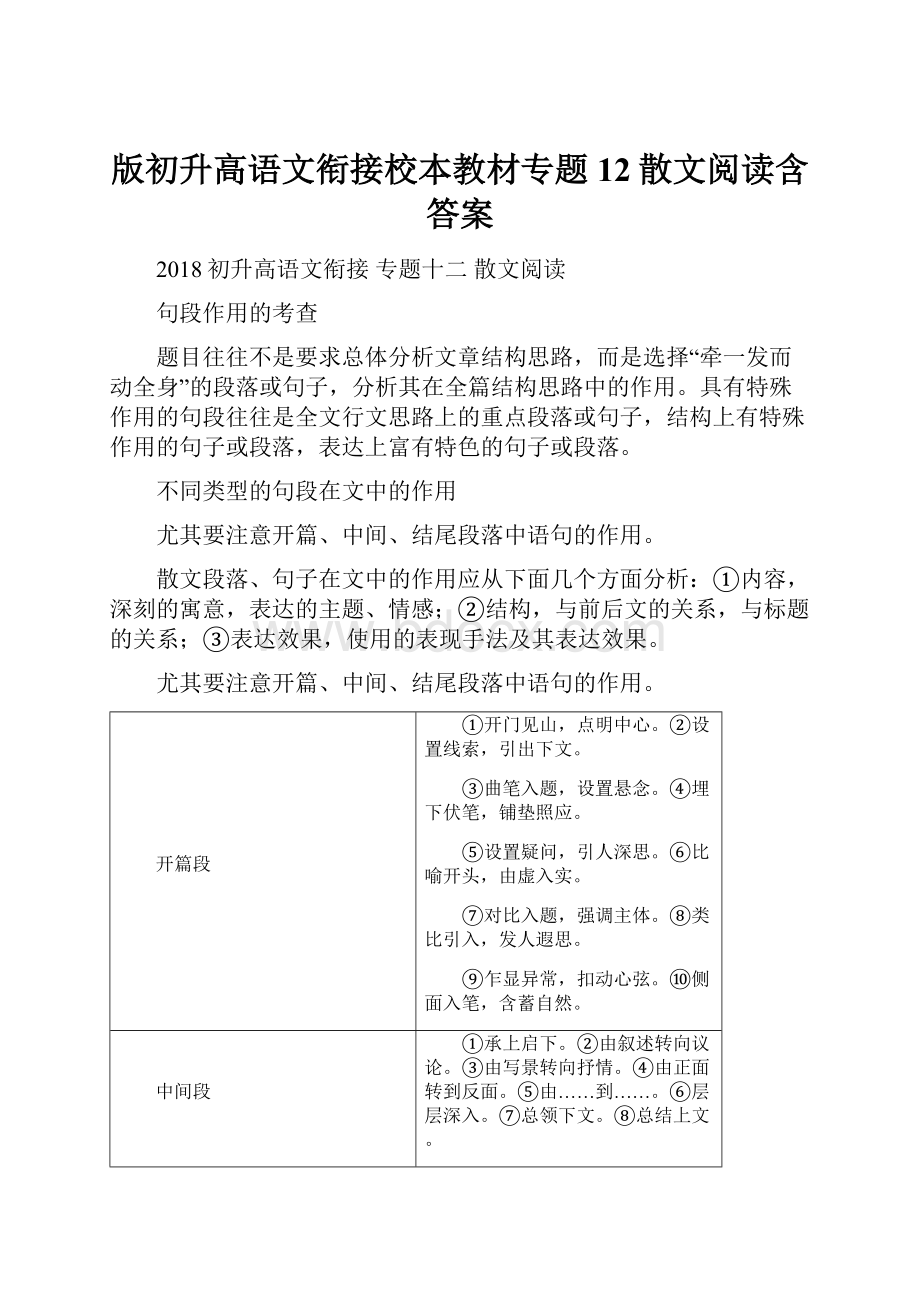 版初升高语文衔接校本教材专题12散文阅读含答案Word格式.docx