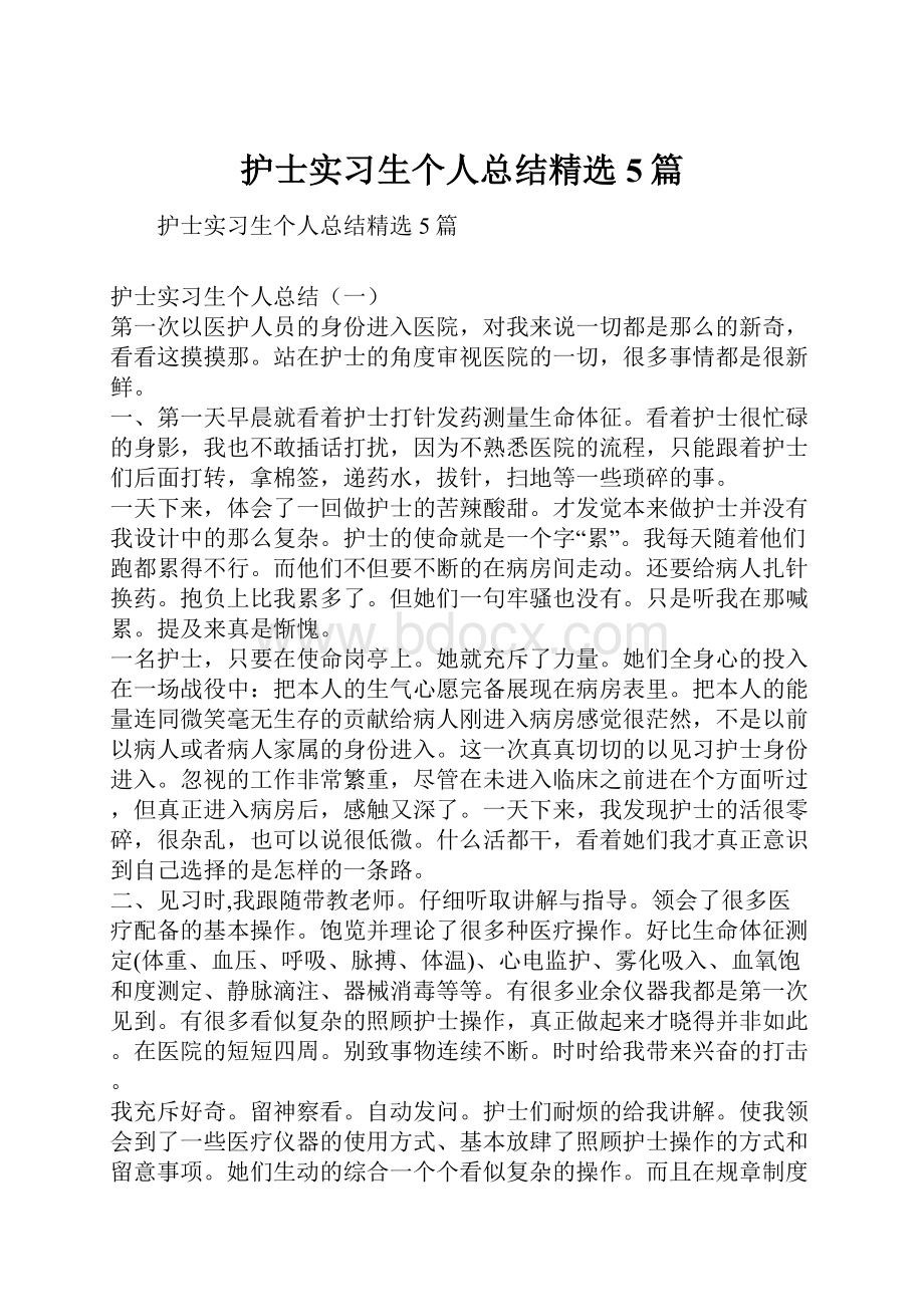 护士实习生个人总结精选5篇Word下载.docx