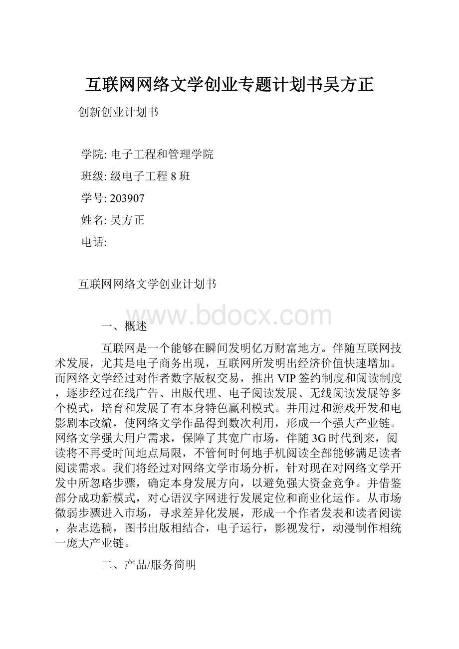 互联网网络文学创业专题计划书吴方正.docx