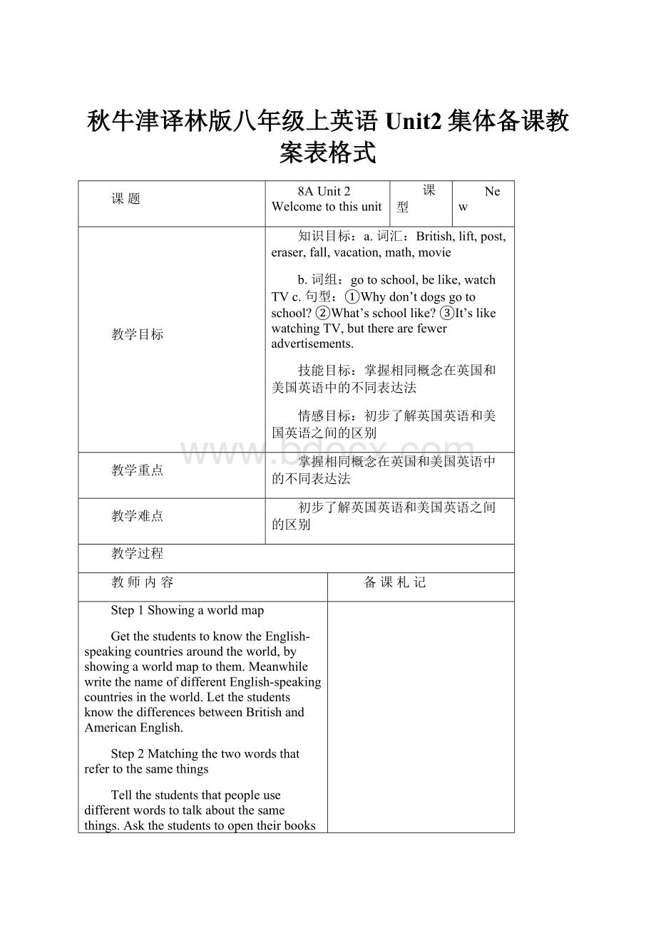 秋牛津译林版八年级上英语Unit2集体备课教案表格式Word文件下载.docx_第1页