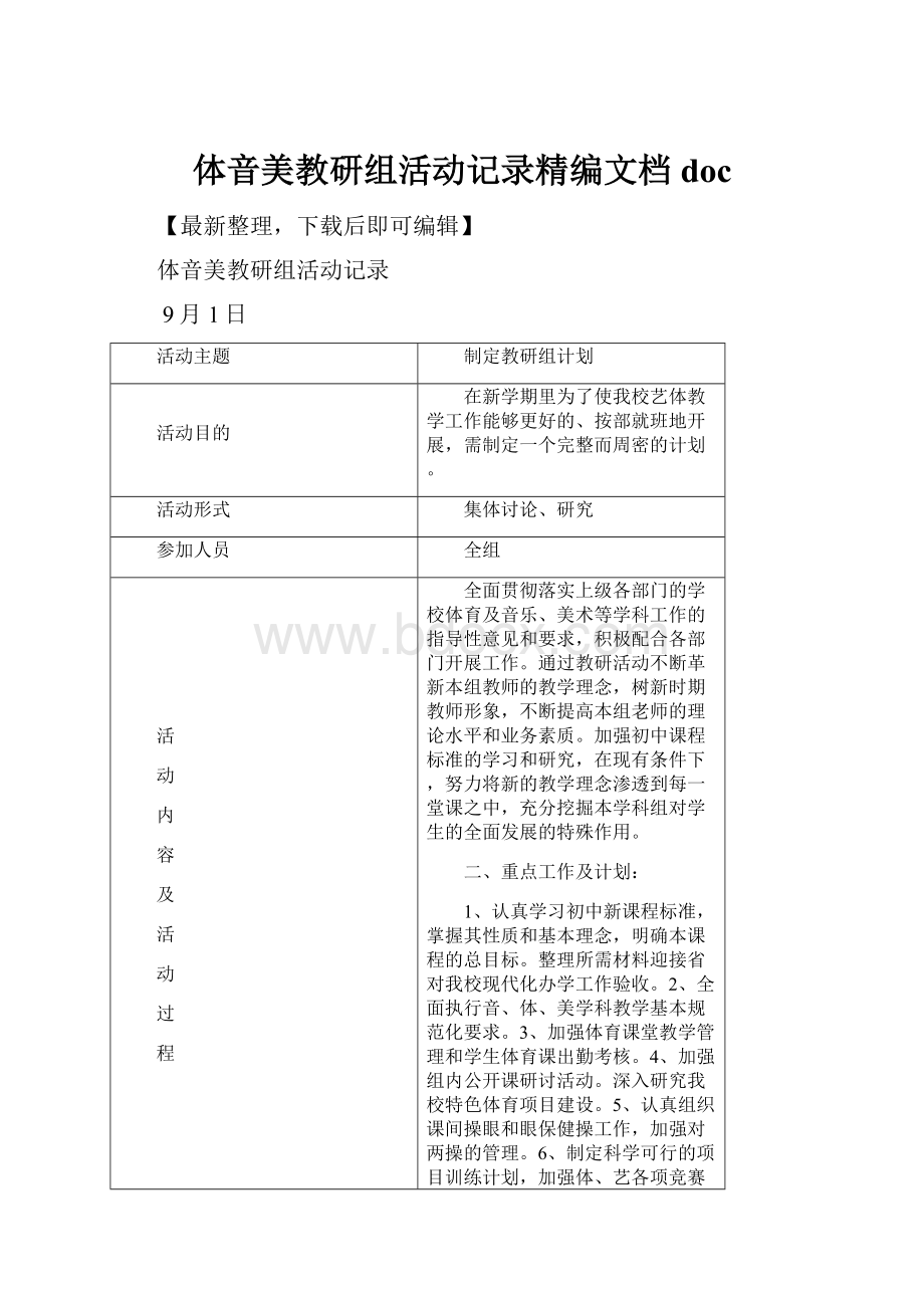 体音美教研组活动记录精编文档docWord文件下载.docx