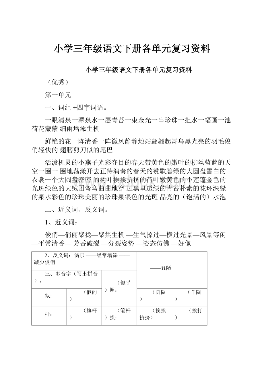 小学三年级语文下册各单元复习资料Word下载.docx_第1页