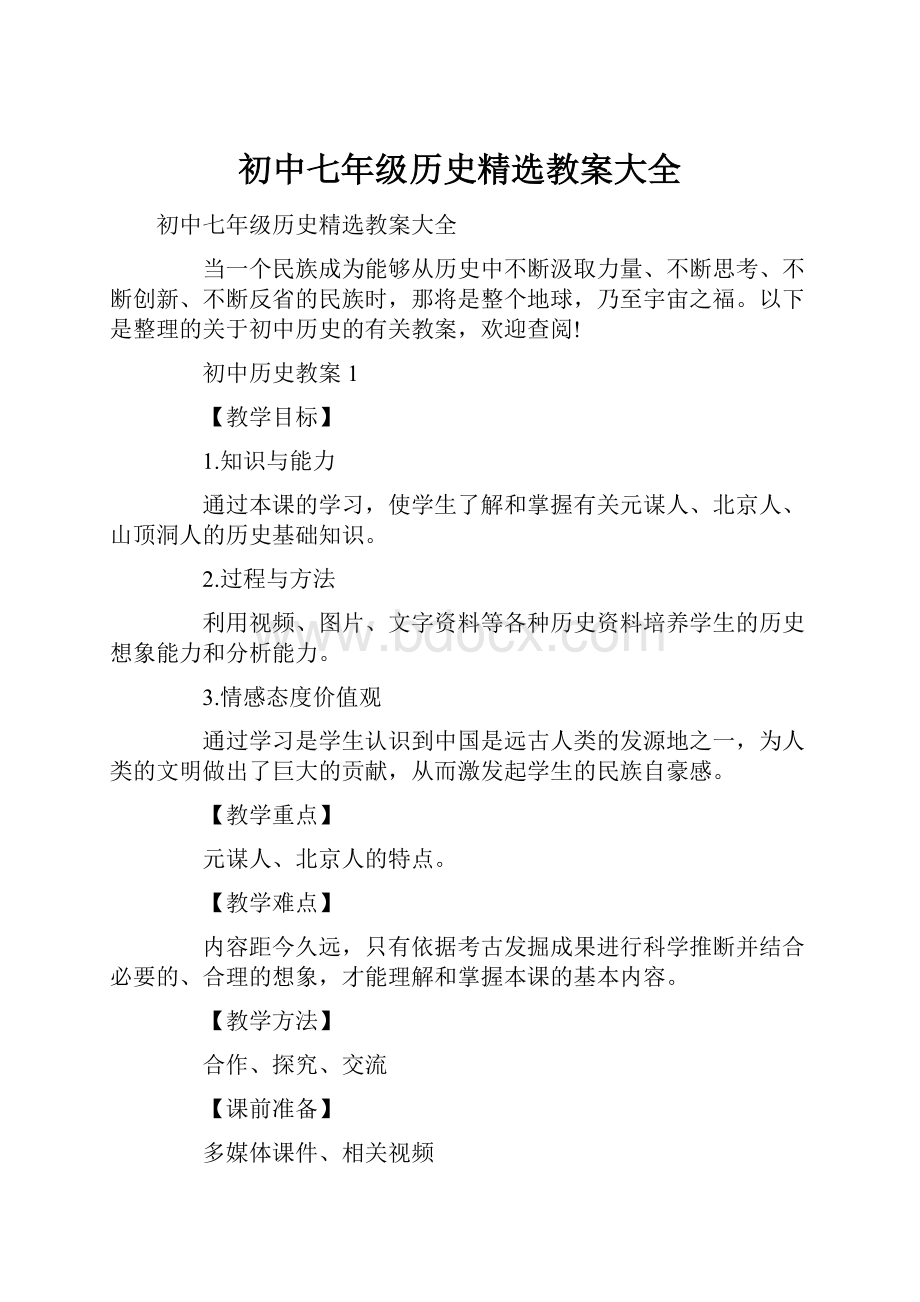 初中七年级历史精选教案大全Word下载.docx