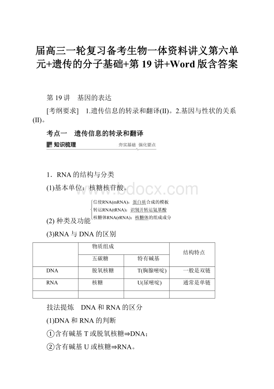 届高三一轮复习备考生物一体资料讲义第六单元+遗传的分子基础+第19讲+Word版含答案.docx