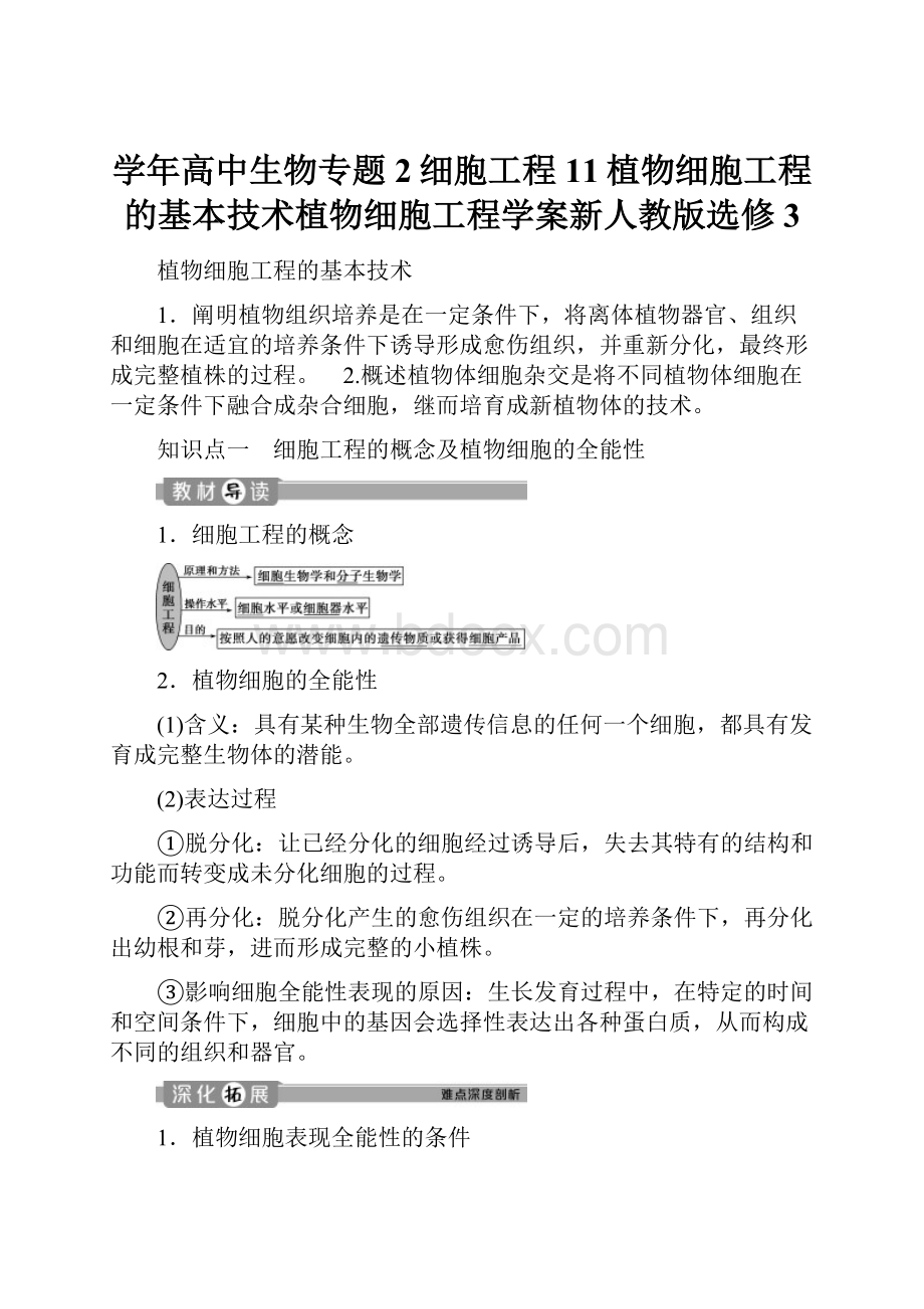 学年高中生物专题2细胞工程11植物细胞工程的基本技术植物细胞工程学案新人教版选修3.docx_第1页