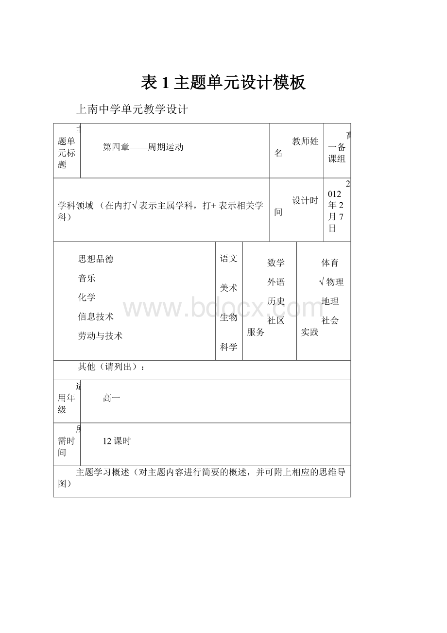 表1主题单元设计模板Word文件下载.docx