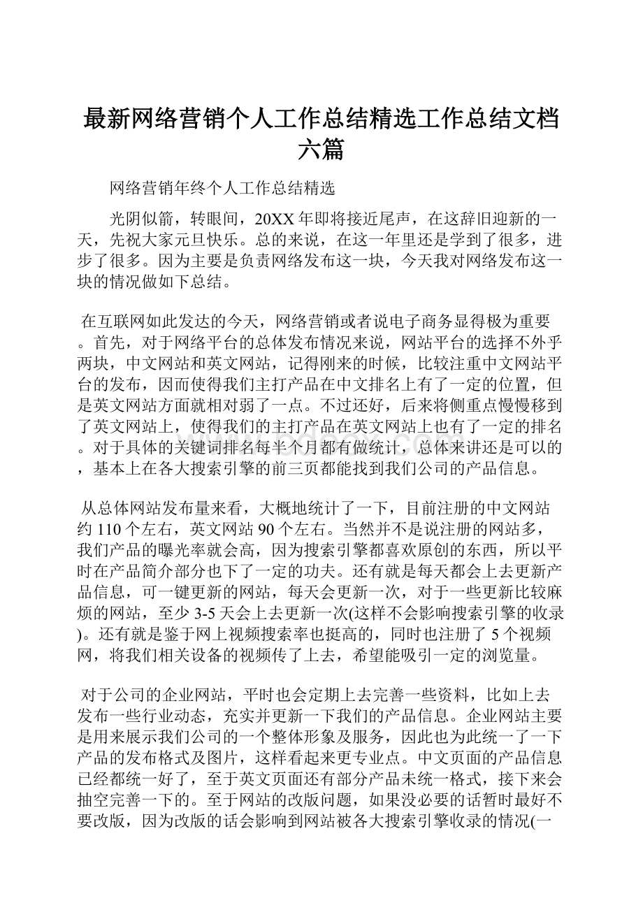 最新网络营销个人工作总结精选工作总结文档六篇文档格式.docx