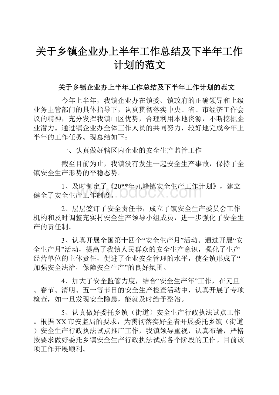 关于乡镇企业办上半年工作总结及下半年工作计划的范文Word格式文档下载.docx