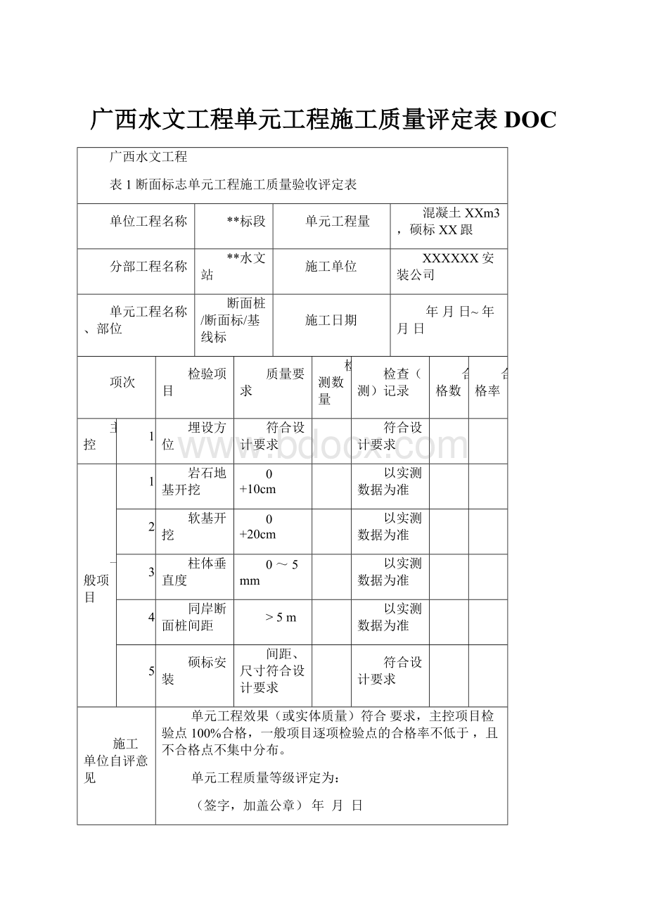 广西水文工程单元工程施工质量评定表DOC.docx