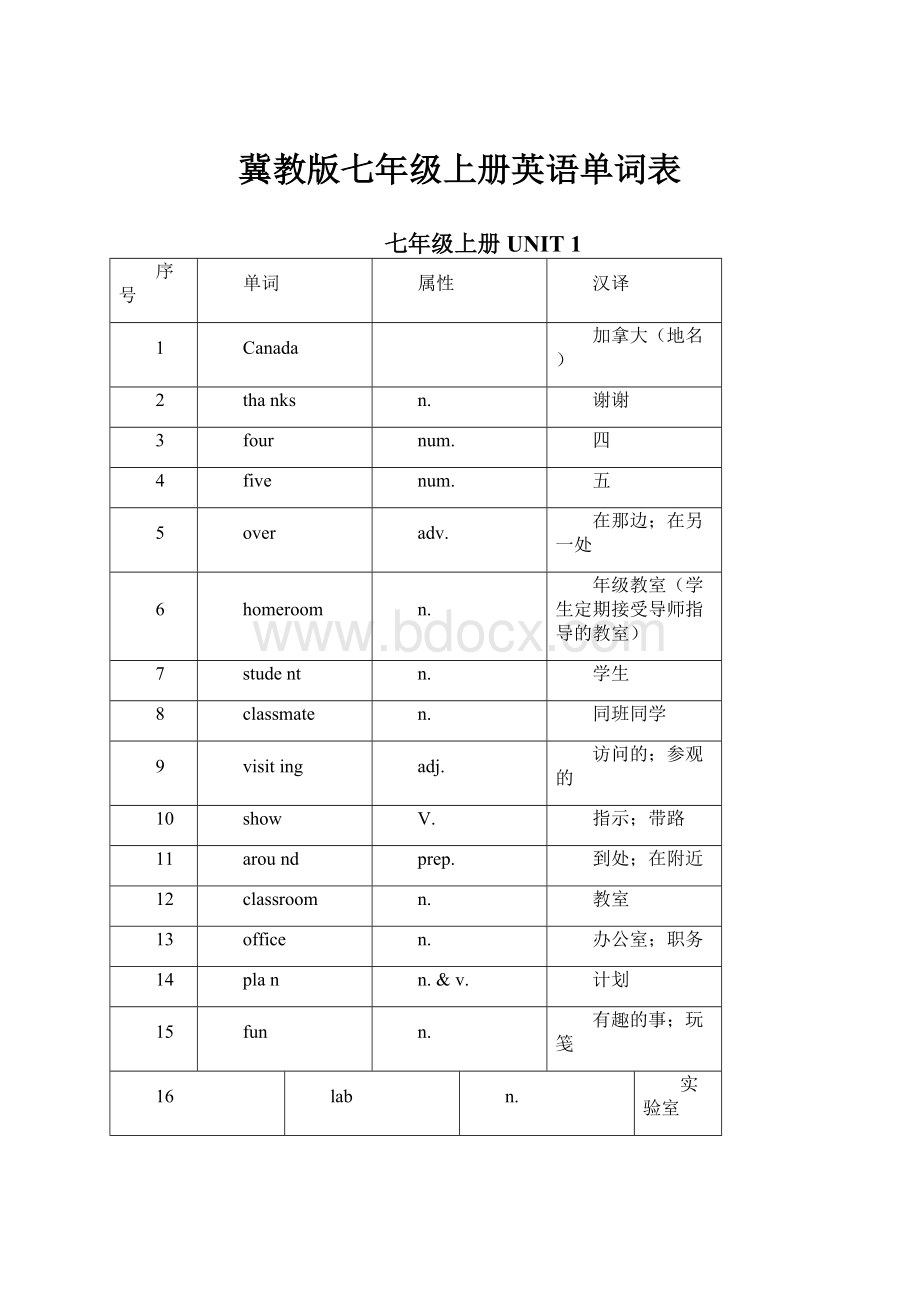 冀教版七年级上册英语单词表Word文档格式.docx