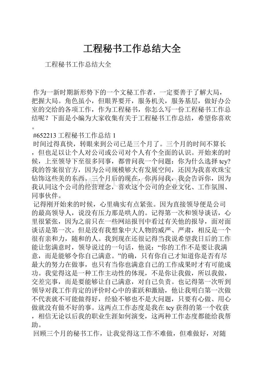 工程秘书工作总结大全文档格式.docx