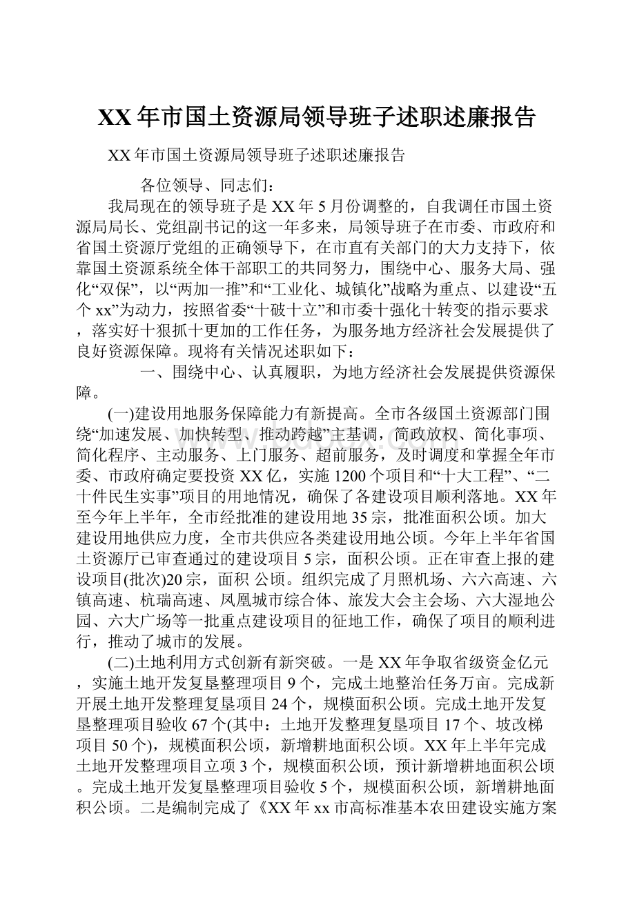 XX年市国土资源局领导班子述职述廉报告.docx