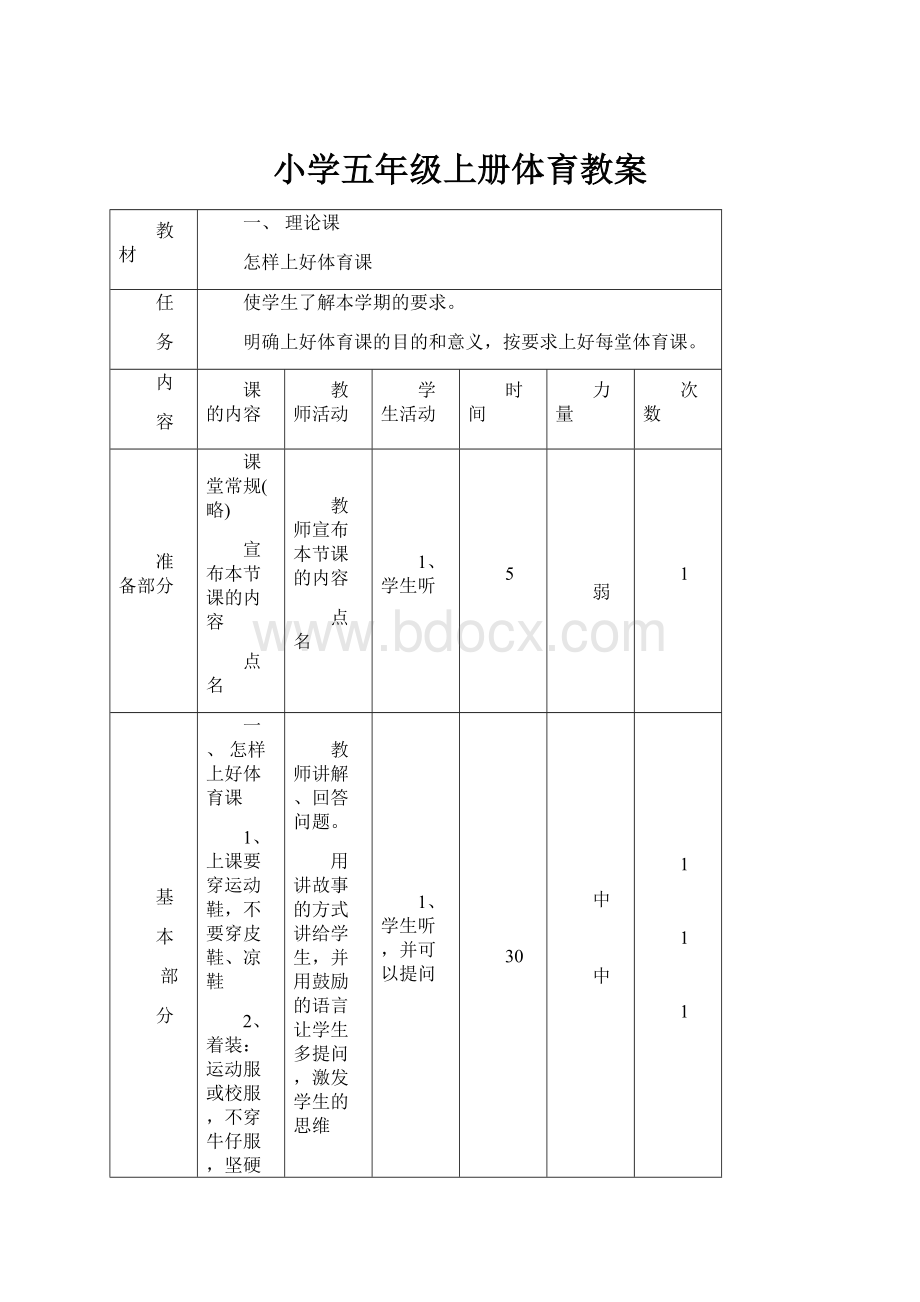 小学五年级上册体育教案.docx_第1页