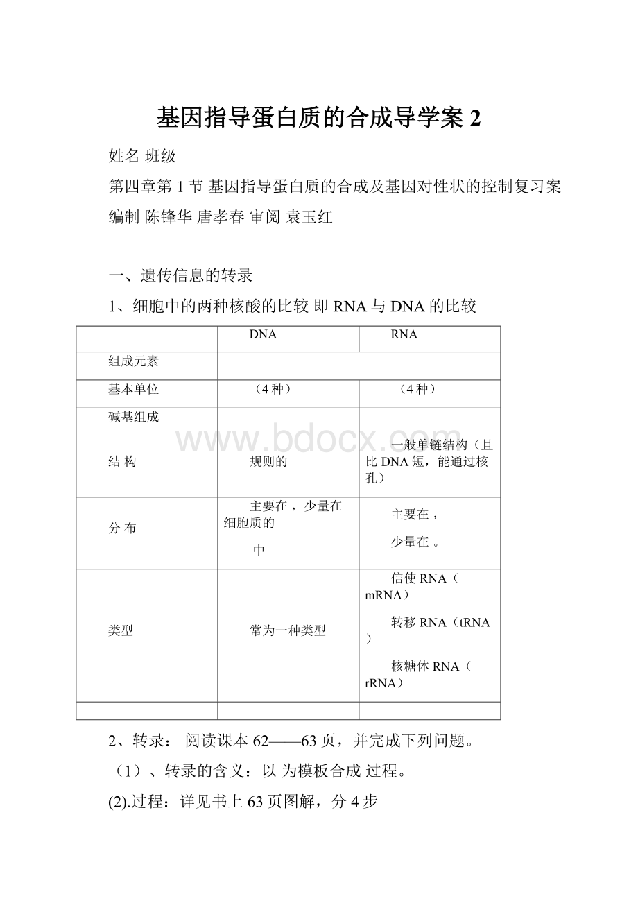 基因指导蛋白质的合成导学案2.docx_第1页